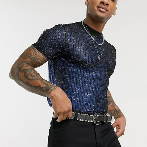 YiZYiF Mens See Through Mesh Clubwear Perspective Muscle Top Button-Down Shirt 